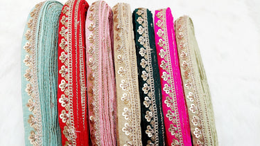 Art Silk Trim with Gold Embroidery and Sequins Indian Sari Border Trim By 3 Yards Decorative Trim Craft Lace